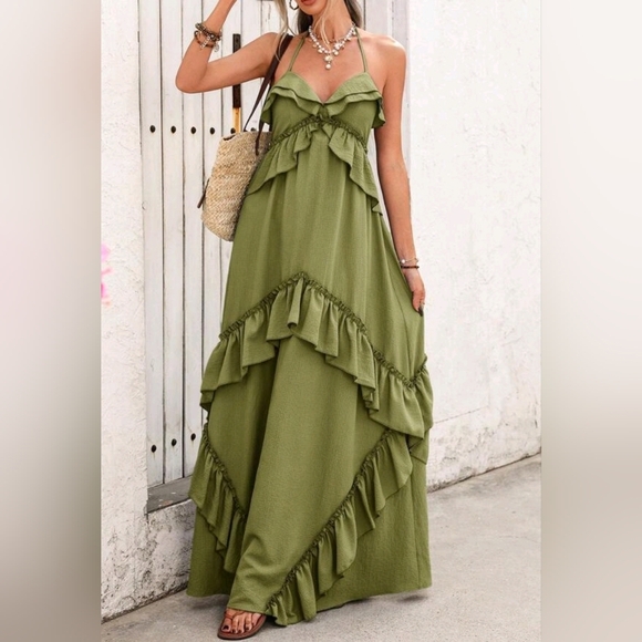 New Strappy Tie Tiered Ruffle Cami Maxi Dress Green - Picture 7 of 10